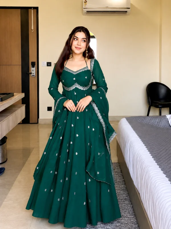 Green Embroidered Anarkali Gown with Flared Silhouette – Festive & Party Wear