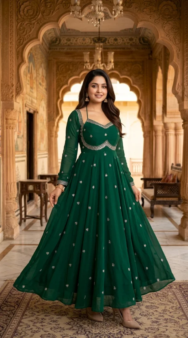 Green Embroidered Anarkali Gown with Flared Silhouette – Festive & Party Wear