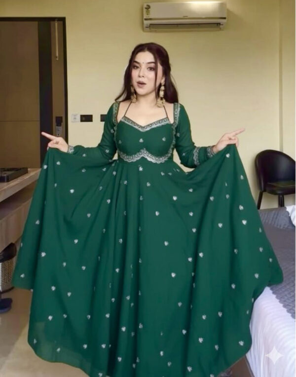 Green Embroidered Anarkali Gown with Flared Silhouette – Festive & Party Wear