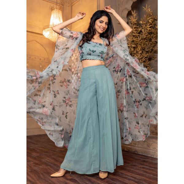 Women Grey Floral Top,Jacket And Plaazo Set