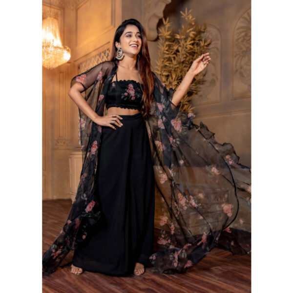 Women Black Floral Top,Jacket And Plaazo Set