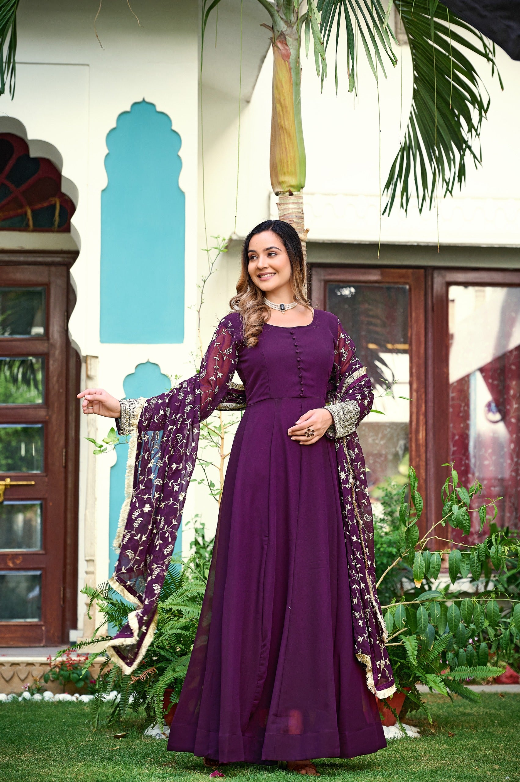 Womens Ethnics Purple Anarkali Kurtaset With Dupatta - Image 3