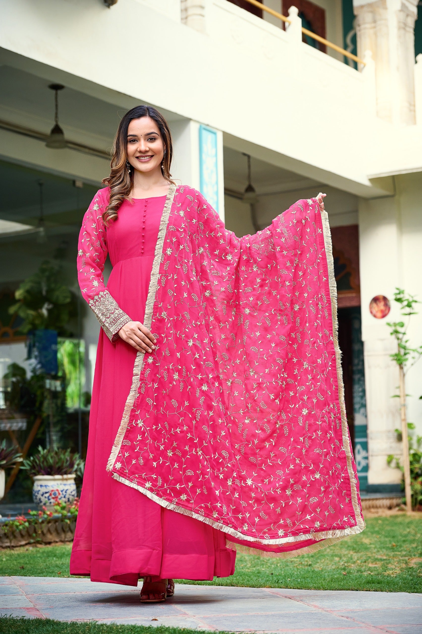 Womens Ethnics Rani Anarkali Kurtaset With Dupatta - Image 2