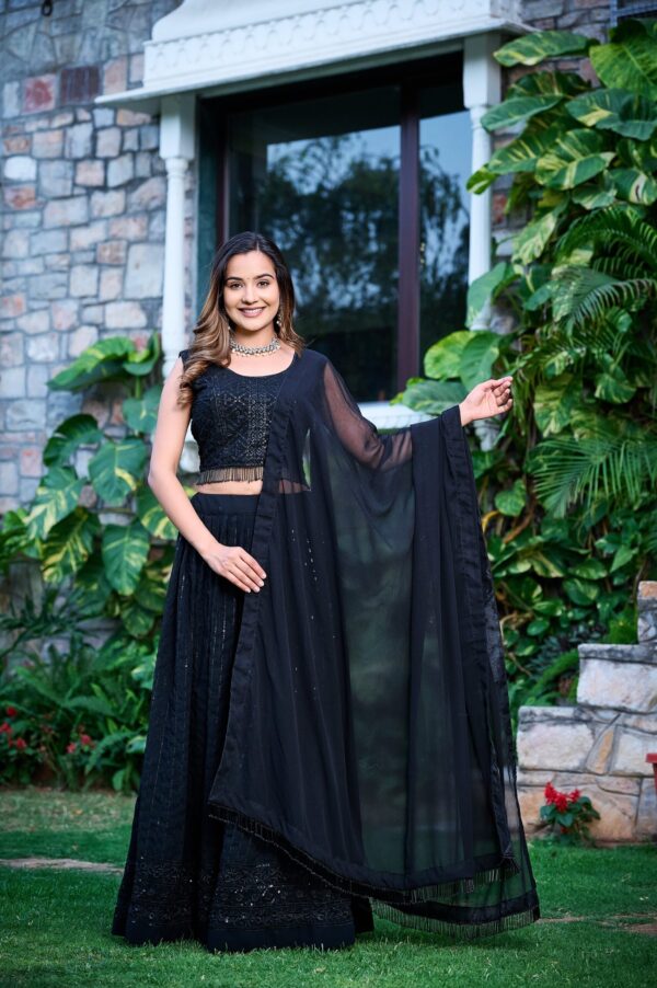 Trendy Black Sequence Embrodery Fox Blooming Georgette Lahenga Choli