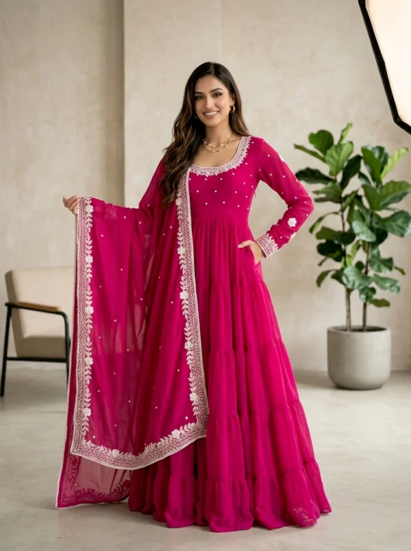 Pink Georgette Anarkali Suit with Embroidered Dupatta