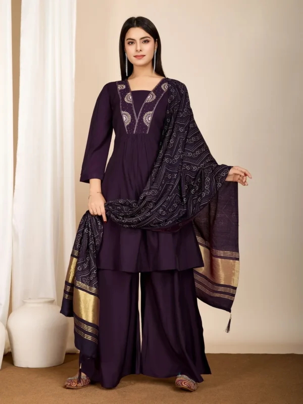 Women Deep Mulberry Silk Anarkali Kurta with Bandhani Print Dupatta and Sharara