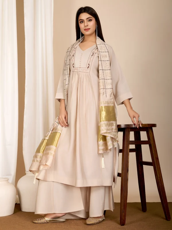 Women Fancy Roman Slik Hand Work Kurti Pant Set With Dupatta
