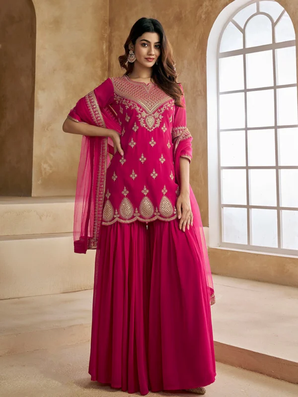 Rani Pink Heavily Embroidered Georgette Sharara Suit with Scalloped Hem