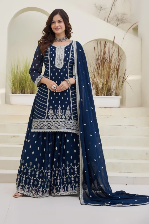 Midnight Blue Embroidered Georgette Sharara Set with Silver Resham Work
