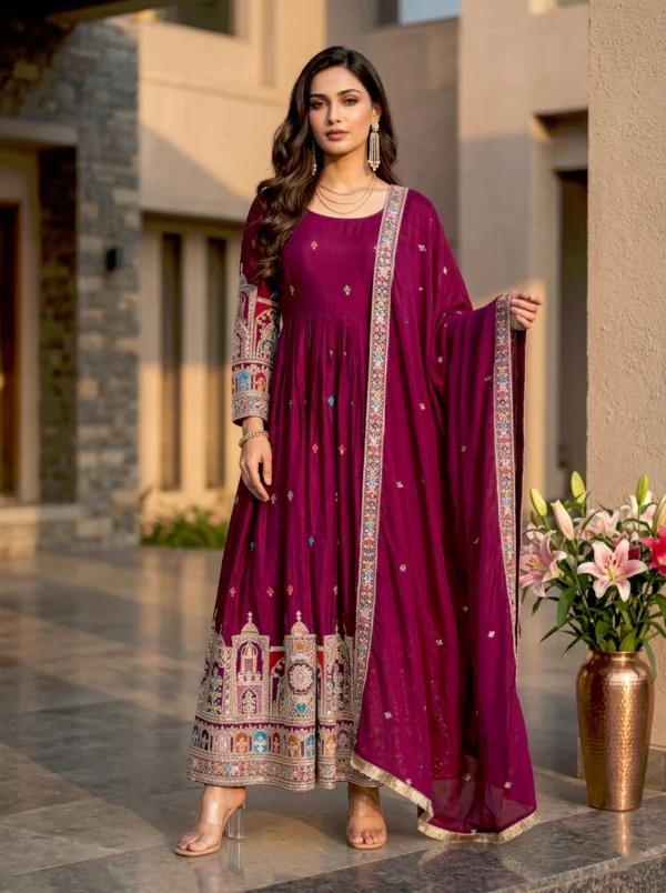 Womens Ethnic Wine Anarkali Set with Embellished Dupatta