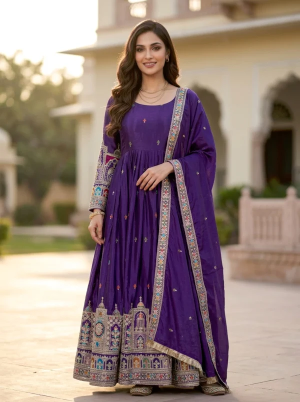 Womens Ethnic Purple Anarkali Set with Embellished Dupatta