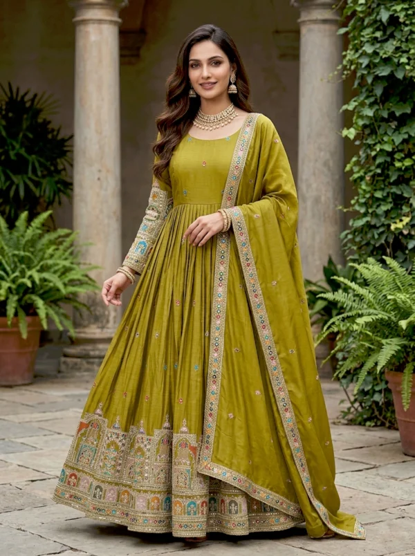 Womens Ethnic Mahendi Anarkali Set with Embellished Dupatta