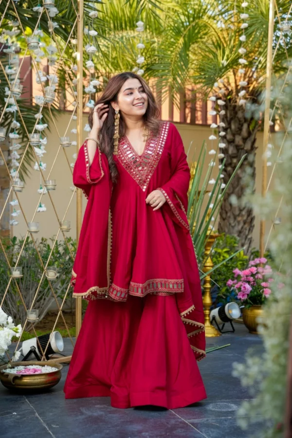 Elegant Red Anarkali Sarara Suit with Mirror Work Yoke & Flowy Dupatta