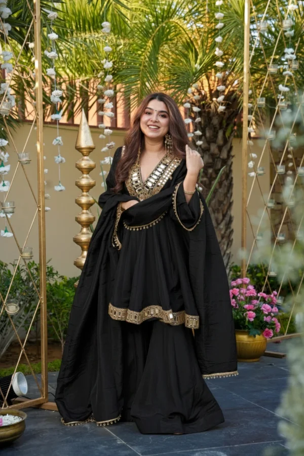 Elegant Black Anarkali Sarara Suit with Mirror Work Yoke & Flowy Dupatta
