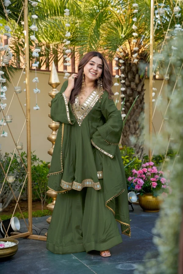Elegant Mahendi Anarkali Sarara Suit with Mirror Work Yoke & Flowy Dupatta