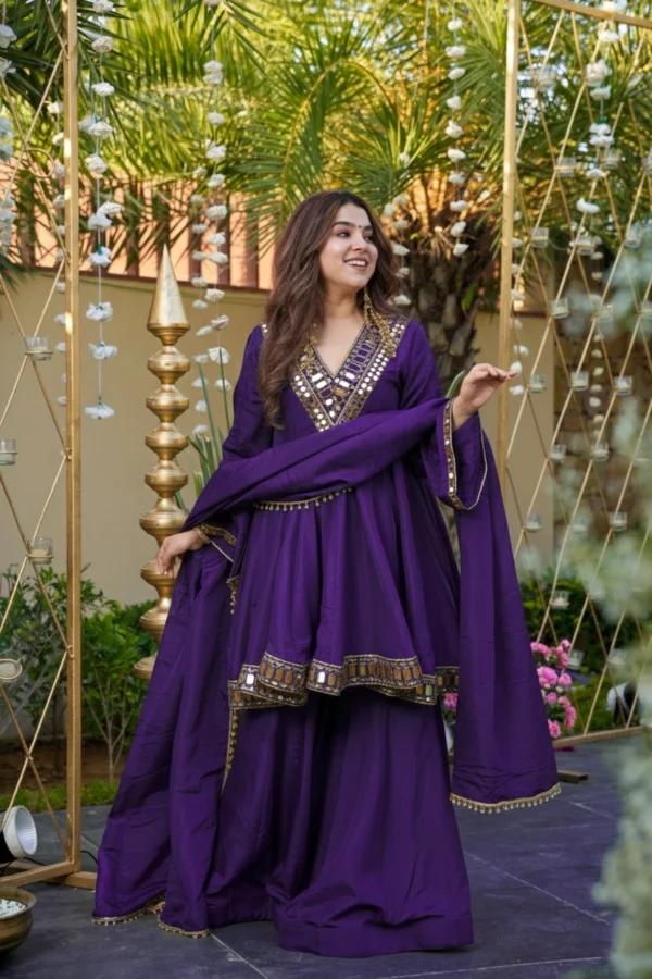 Elegant Purple Sarara Suit with Mirror Work Yoke & Flowy Dupatta