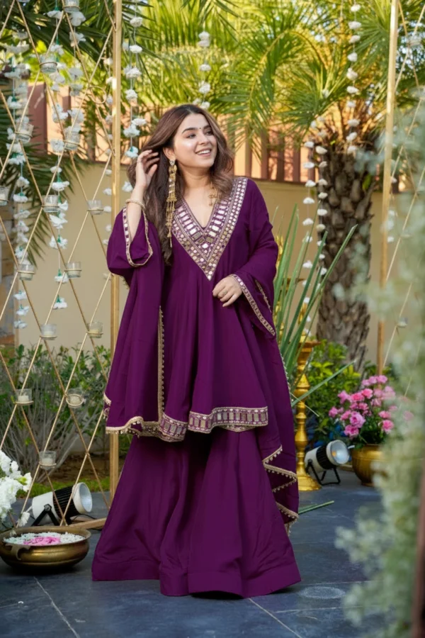 Elegant Wine Anarkali Sarara Suit with Mirror Work Yoke & Flowy Dupatta