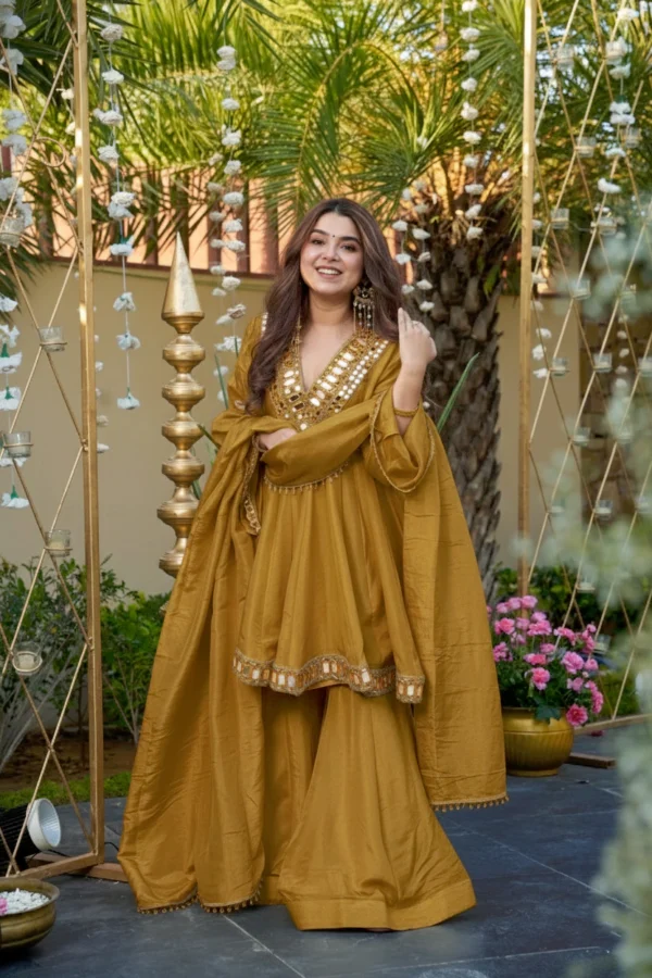 Elegant Yellow Anarkali Sarara Suit with Mirror Work Yoke & Flowy Dupatta