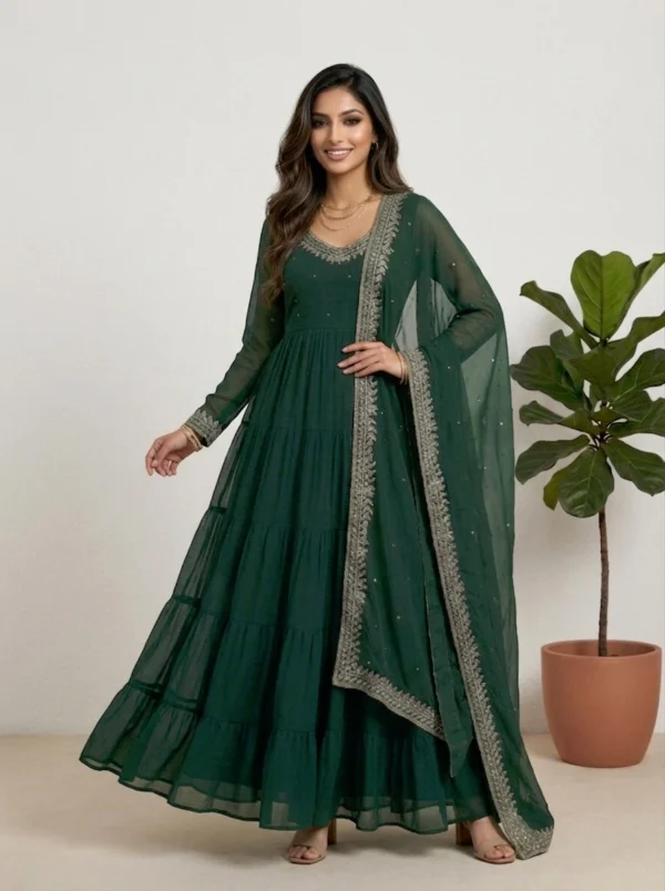 Green Georgette Anarkali Suit with Embroidered Dupatta