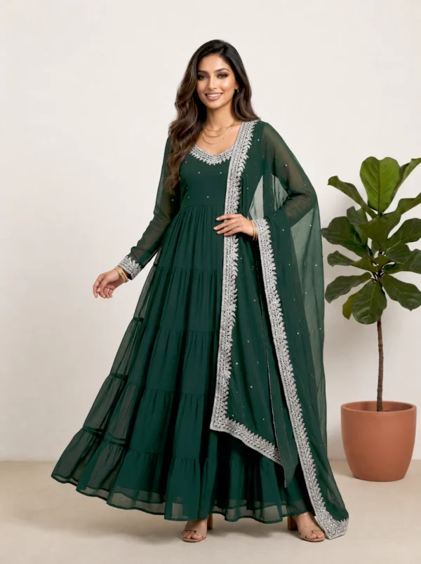 Green Georgette Anarkali Suit with Embroidered Dupatta