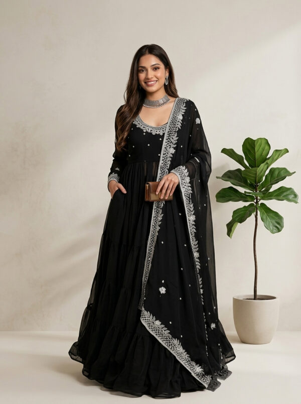 Black Georgette Anarkali Suit with Embroidered Dupatta