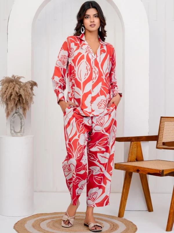 Floral Printed Pure Cotton Shirt & Pyjamas Nightwear Set for Women