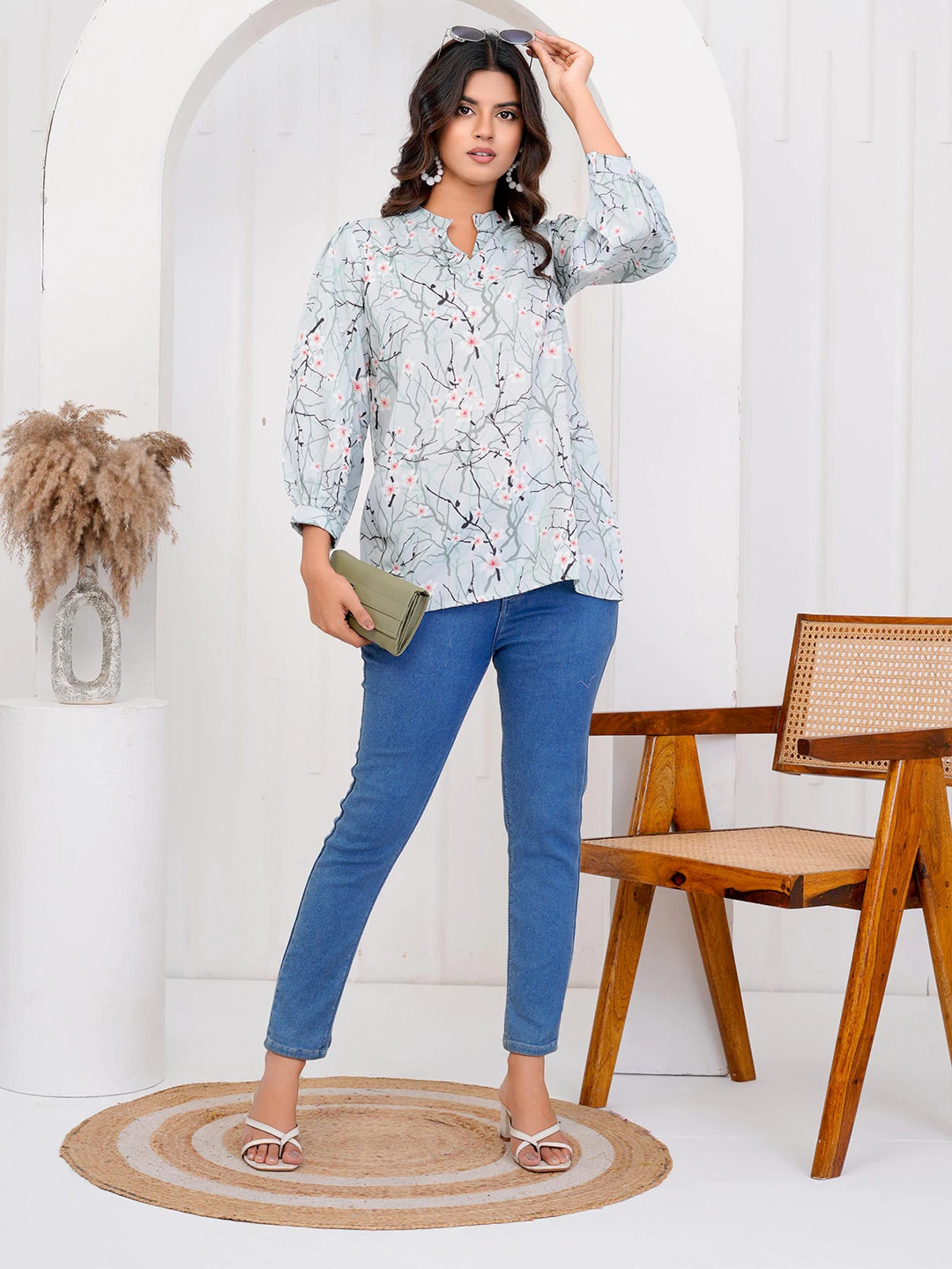 Modern Floral Printed Mandarin Collar Tunic Top for Women