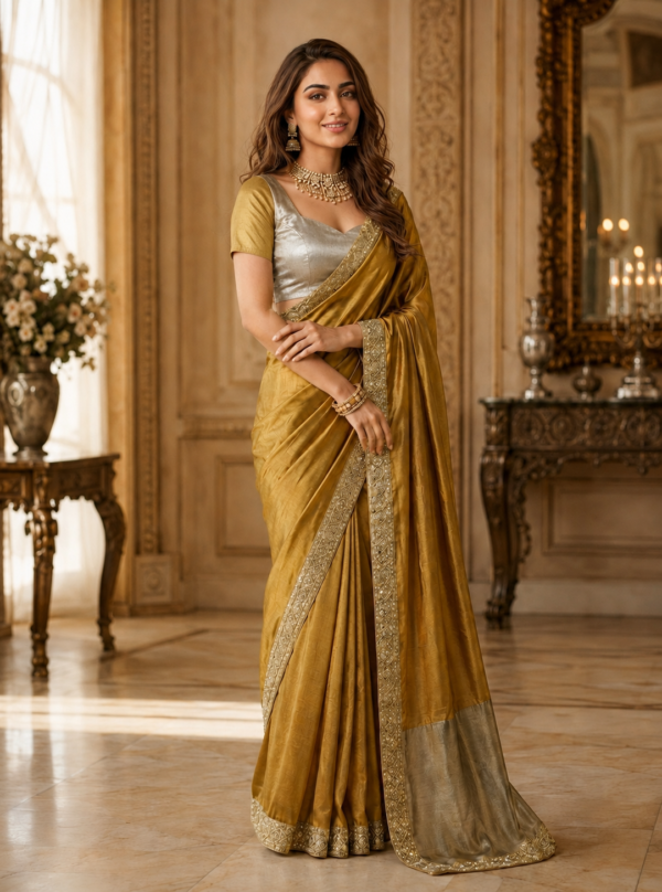 New Beautiful Golden Grace Designer Saree Royal Partywear Look
