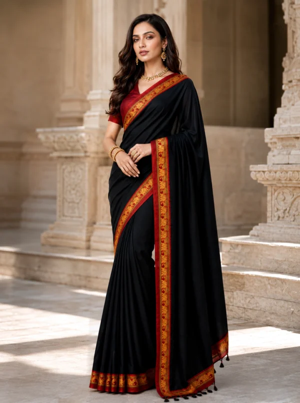 Elegant Black Cotton Saree with Red & Gold Designer Border And Blouse Piece