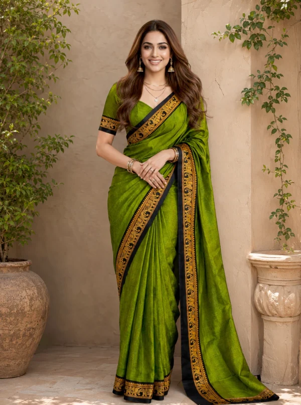 Elegant Mahendi Cotton Saree with Rich Black & Gold Designer Border And Blouse Piece