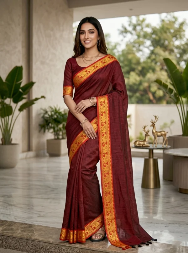 Elegant Maroon Cotton Saree with Red & Gold Designer Border And Blouse Piece