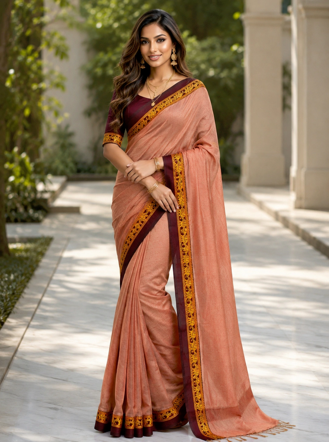 Elegant Orange Cotton Saree with Maroon & Gold Designer Border And Blouse Piece