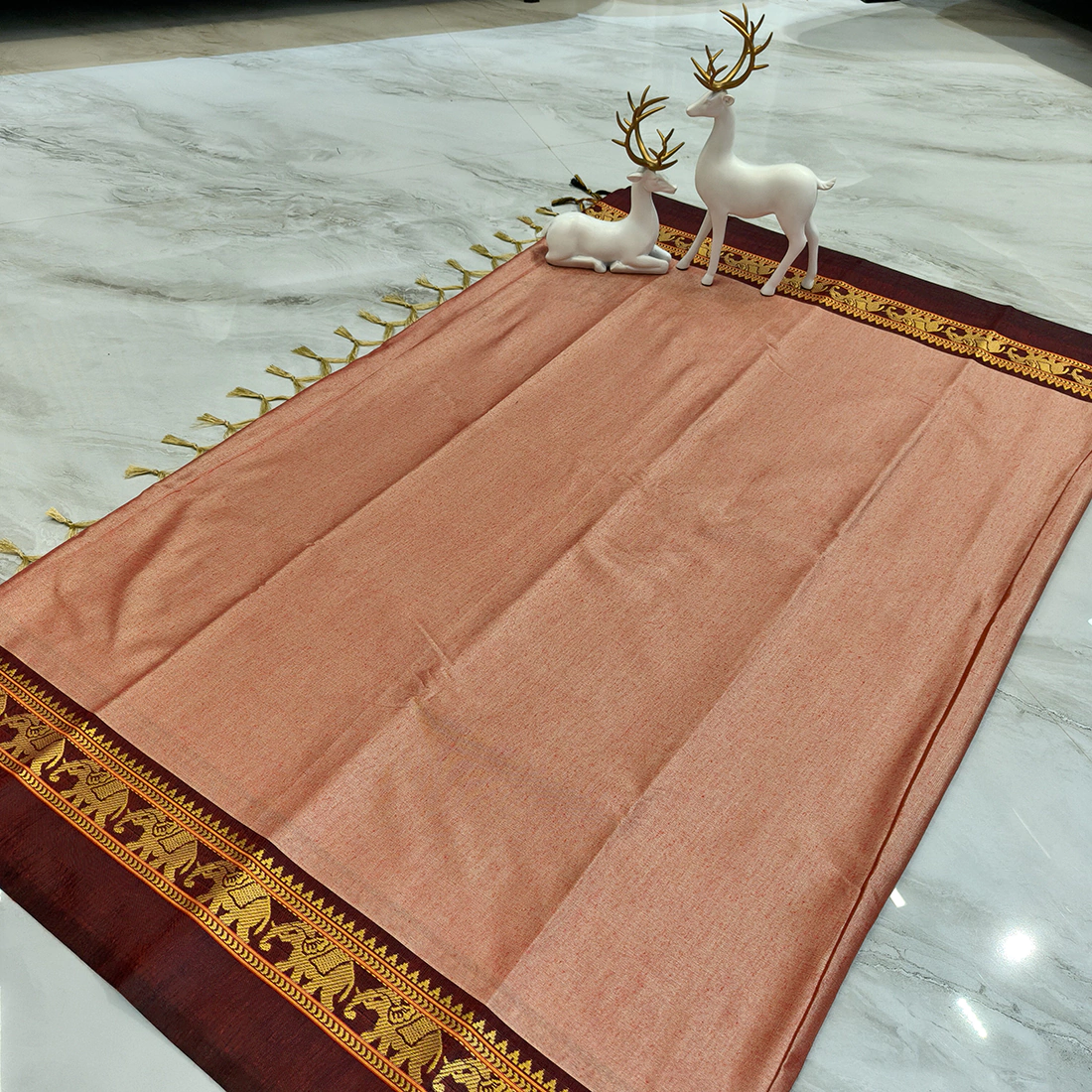Elegant Orange Cotton Saree with Maroon & Gold Designer Border And Blouse Piece - Image 2
