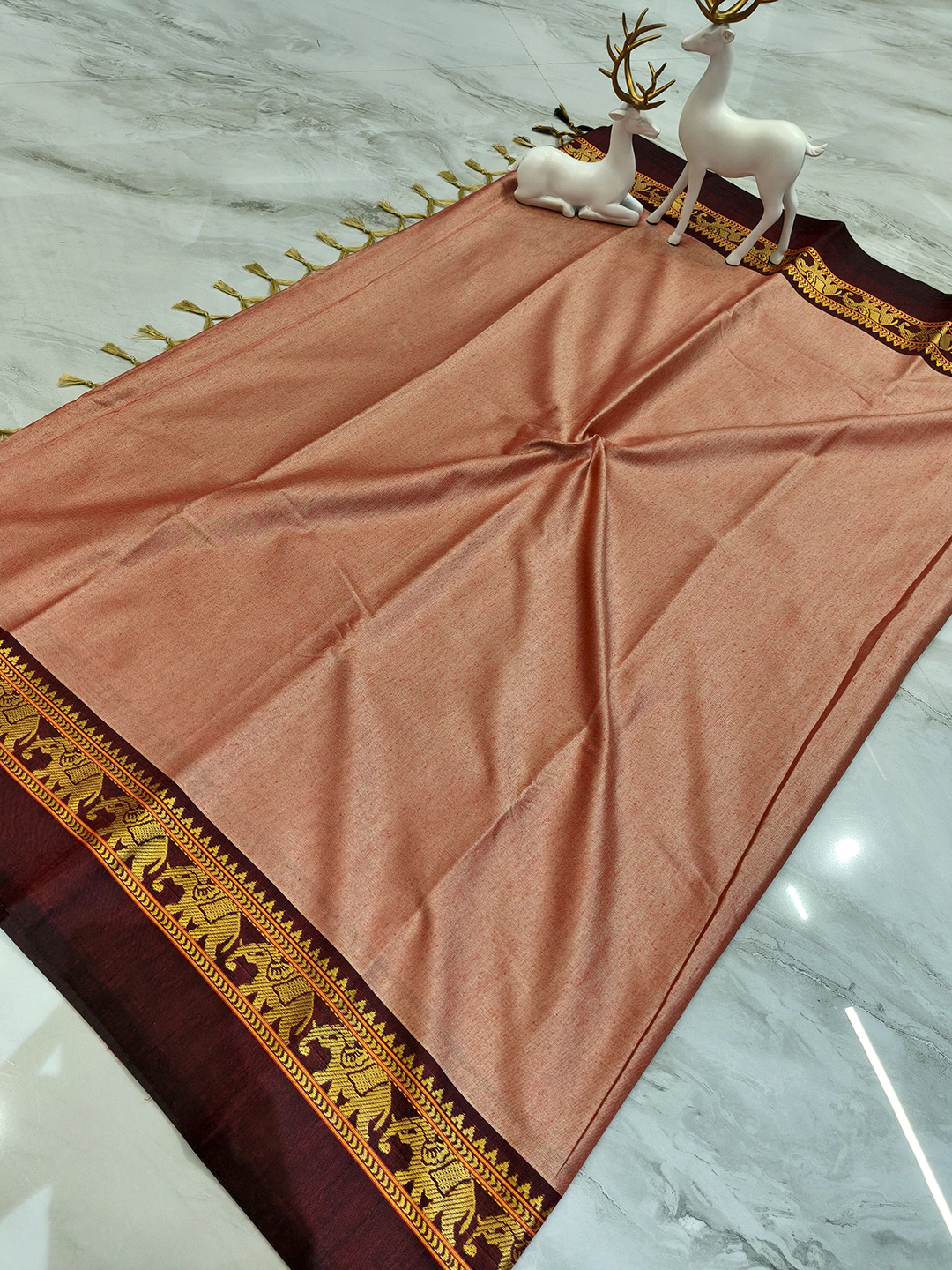 Elegant Orange Cotton Saree with Maroon & Gold Designer Border And Blouse Piece - Image 3