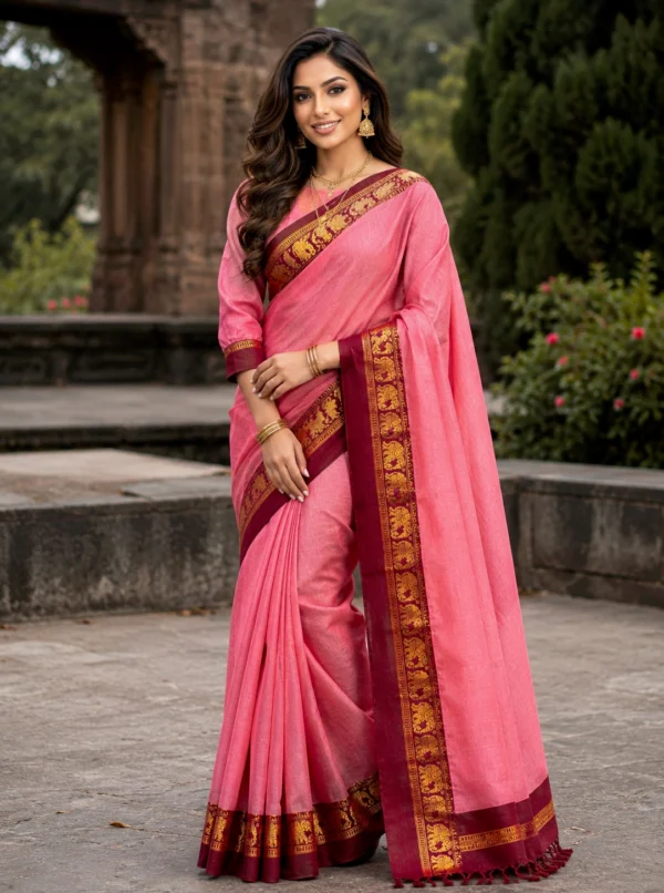 Elegant Pink Cotton Saree with Rich Rani & Gold Designer Border And Blouse Piece