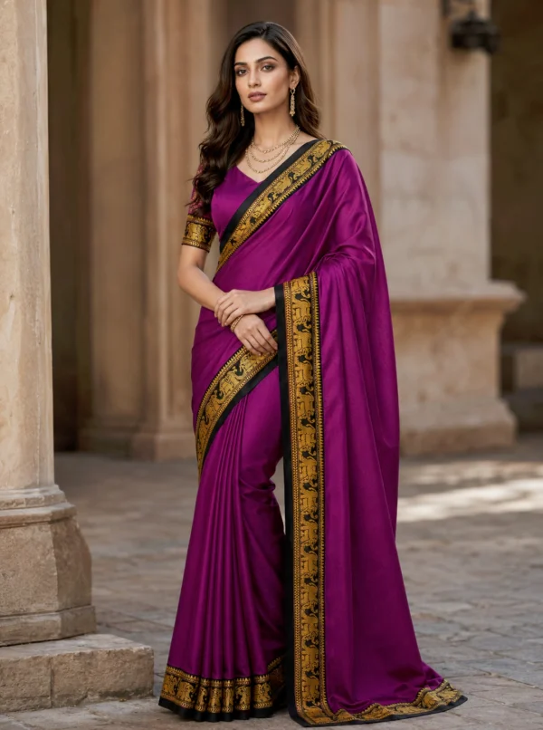Elegant Purple Cotton Saree with Rich Black & Gold Designer Border And Blouse Piece