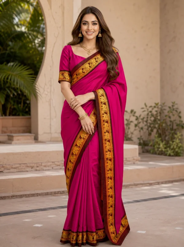 Elegant Rani Cotton Saree with Maroon & Gold Designer Border And Blouse Piece
