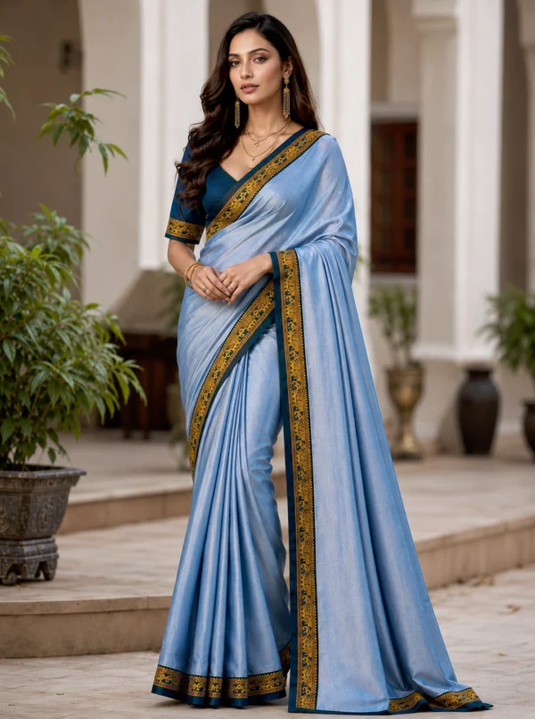 Elegant Sky Cotton Saree with Blue & Gold Designer Border And Blouse Piece