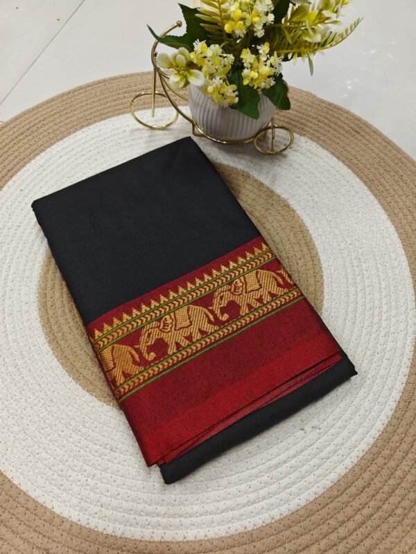 Elegant Black Cotton Saree with Red & Gold Designer Border And Blouse Piece