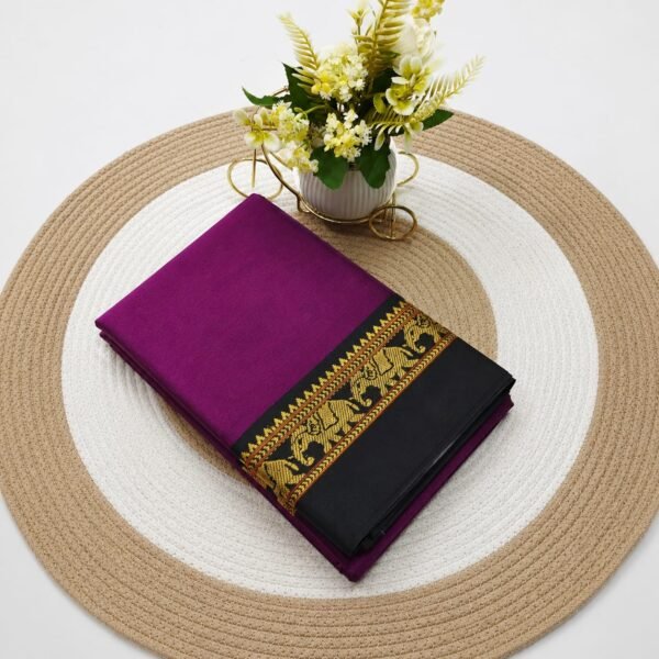 Elegant Purple Cotton Saree with Rich Black & Gold Designer Border And Blouse Piece