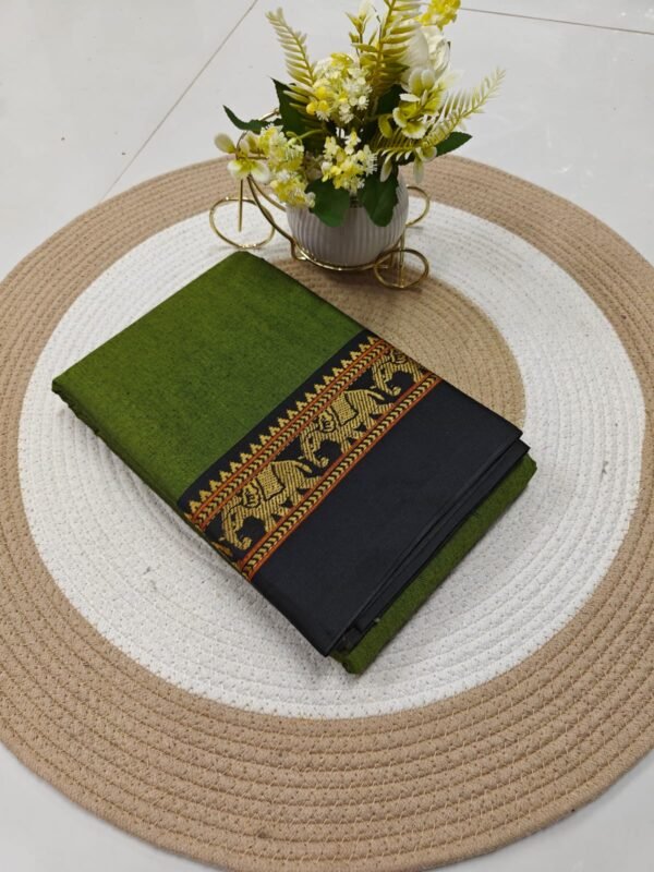 Elegant Mahendi Cotton Saree with Rich Black & Gold Designer Border And Blouse Piece