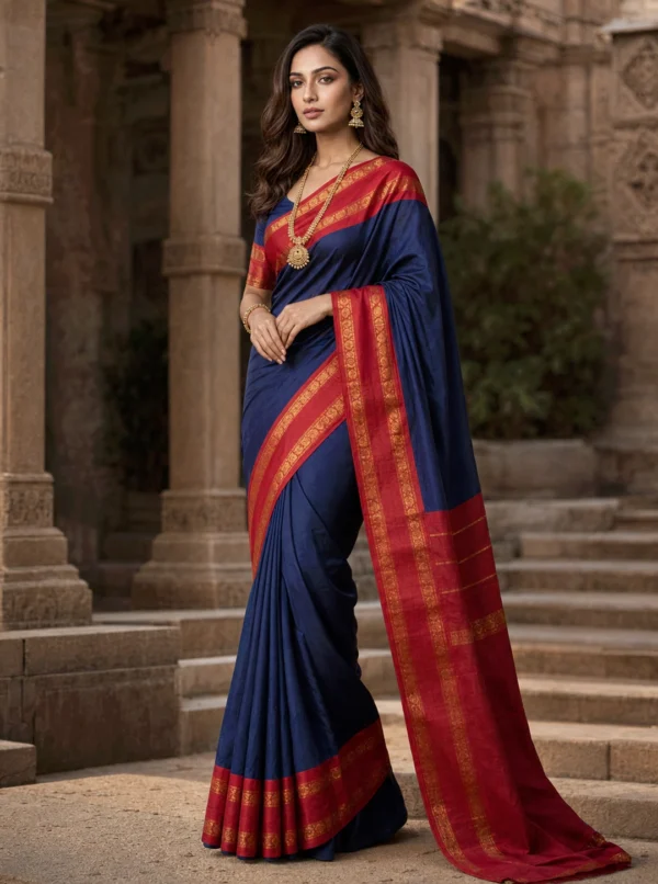 Fancy jacquard Narayanpet Pure Handloom Blue Cotton Saree With Red & Gold and Blouse Piece
