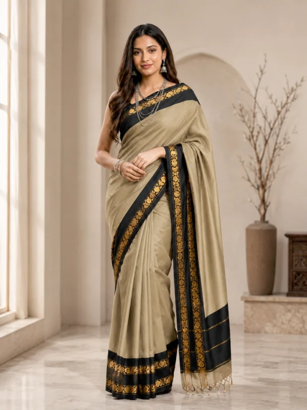 Fancy jacquard Narayanpet Pure Handloom Chiku Cotton Saree With Black & Gold and Blouse Piece