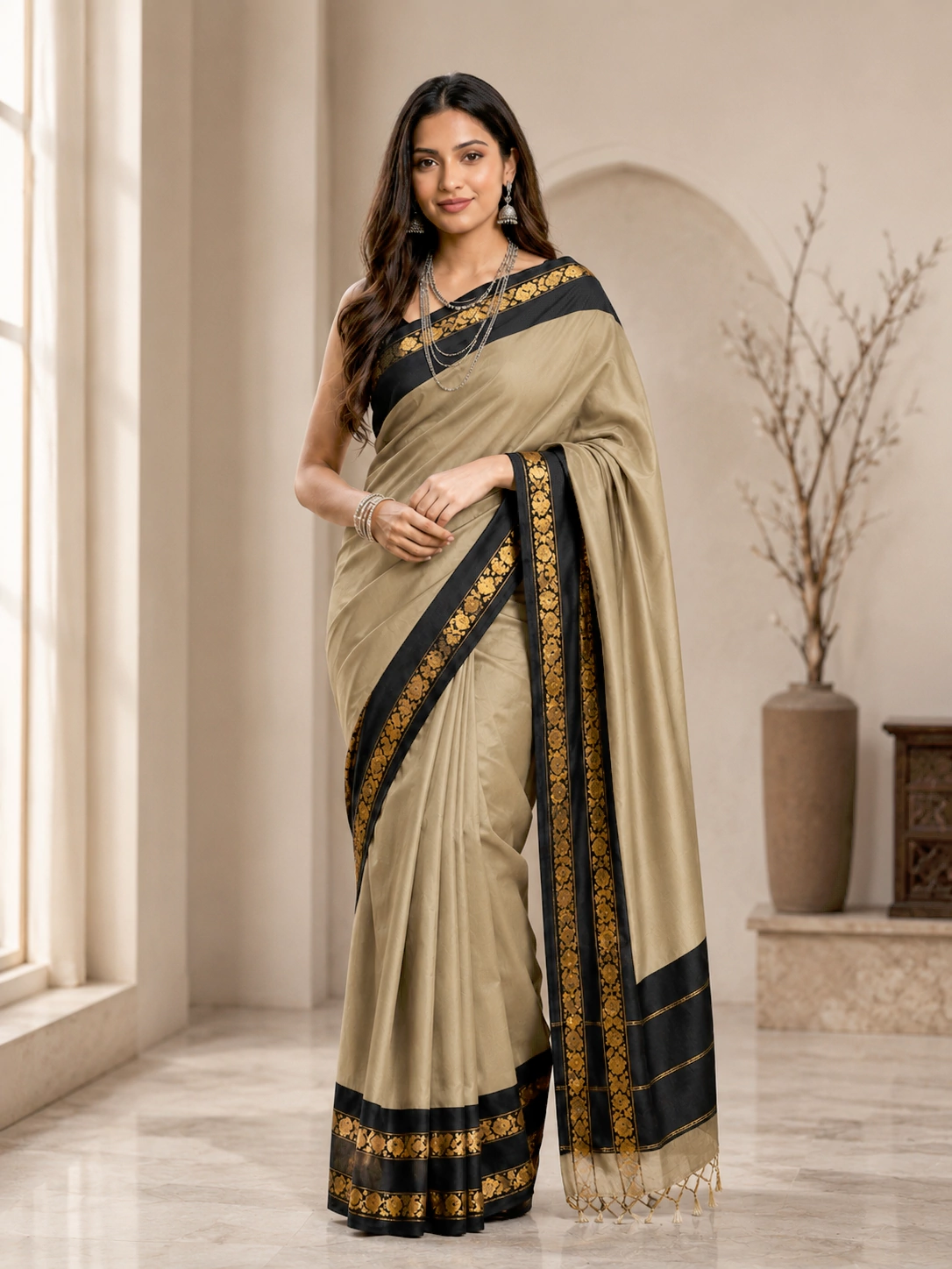 Fancy jacquard Narayanpet Pure Handloom Chiku Cotton Saree With Black & Gold and Blouse Piece
