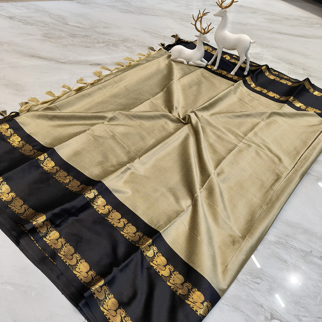 Fancy jacquard Narayanpet Pure Handloom Chiku Cotton Saree With Black & Gold and Blouse Piece - Image 3