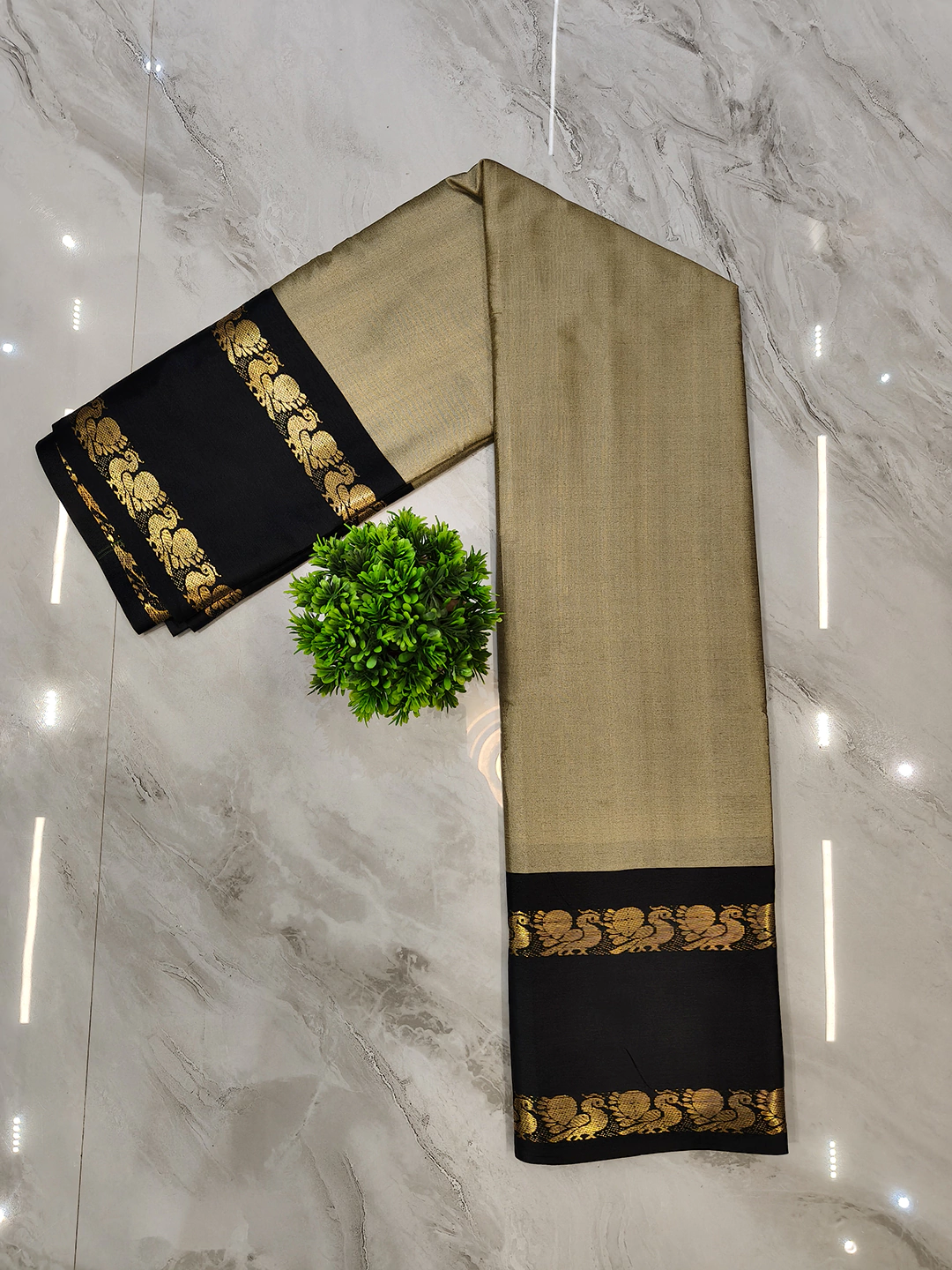 Fancy jacquard Narayanpet Pure Handloom Chiku Cotton Saree With Black & Gold and Blouse Piece - Image 4