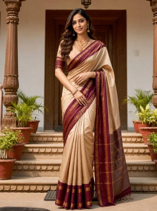 Fancy jacquard Narayanpet Pure Handloom Chiku Cotton Saree With Maroon & Gold and Blouse Piece