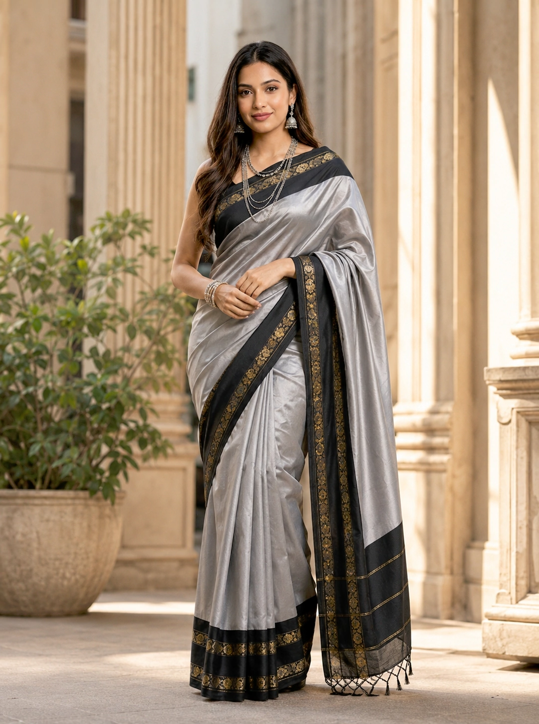 Fancy jacquard Narayanpet Pure Handloom Gray Cotton Saree With Black & Gold and Blouse Piece
