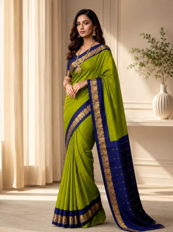 Fancy jacquard Narayanpet Pure Handloom Mahendi Cotton Saree With Blue & Gold and Blouse Piece