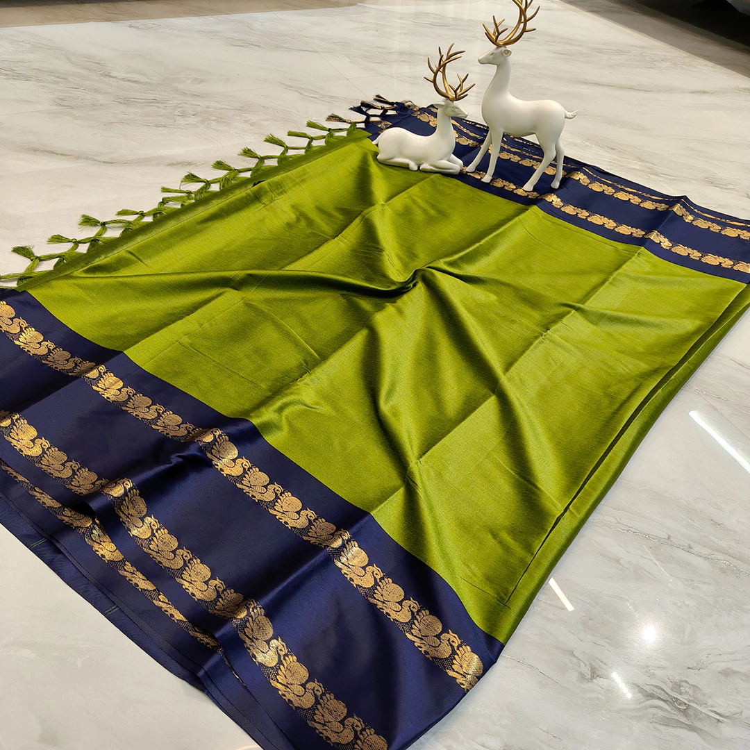 Fancy jacquard Narayanpet Pure Handloom Mahendi Cotton Saree With Blue & Gold and Blouse Piece - Image 4